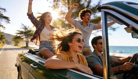 Joyful friends road tripping in convertible along sunlit coastal highway with ocean breeze