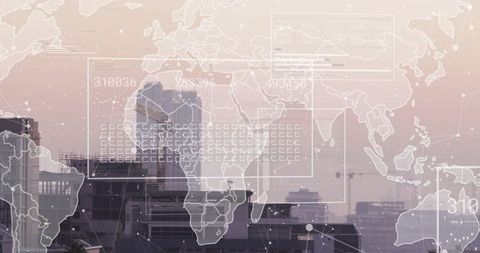 Futuristic City Skyline with Digital Information Overlay