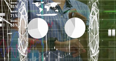 Businesswoman interacting with virtual data and smartwatch