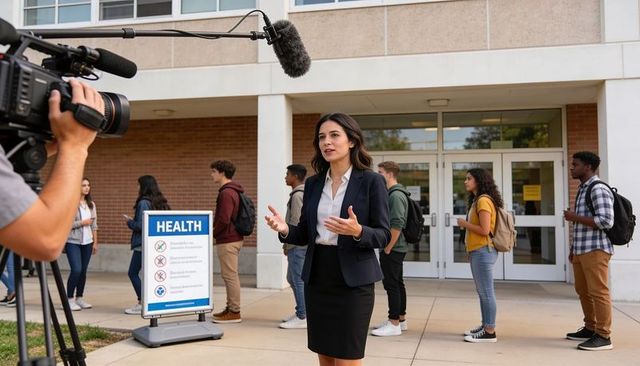 Campus leader addressing camera crew at college entrance beside health advisory sign