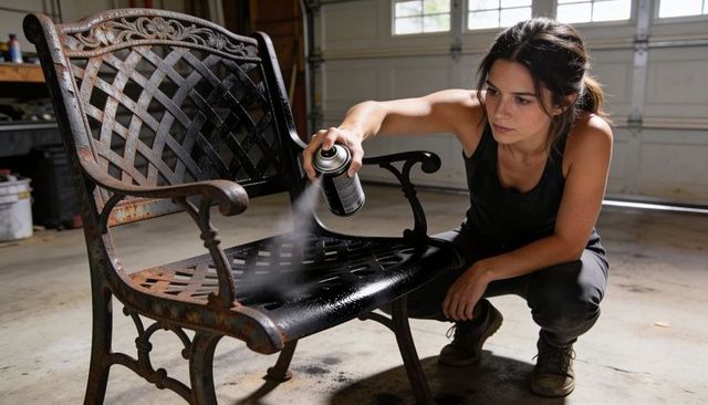 Woman spray-painting rusty metal bench in garage for outdoor furniture restoration