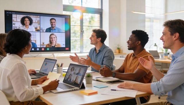 Hybrid team collaborating around conference table with video call display and laptops