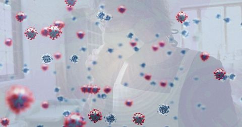 Man raising hand to face in kitchen with airborne virus overlay showing contagion risk