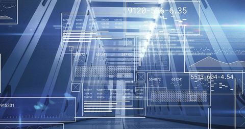Futuristic data center with digital hud overlays in tech hall