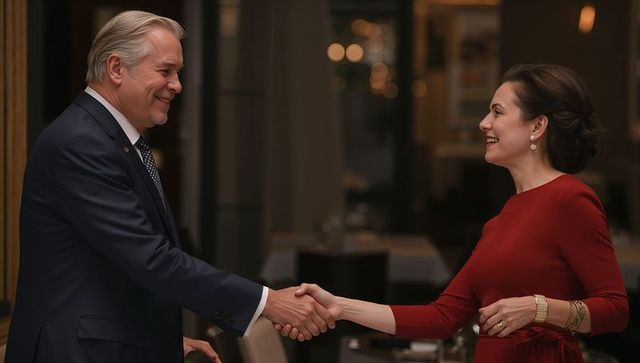 Executives Shaking Hands in Elegant Hotel Dining Room During Evening Networking