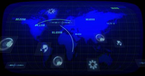 Futuristic data analysis interface with world map and numeric insights