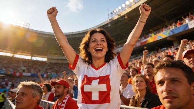 Swiss fan cheering with arms raised in packed stadium celebrating victory
