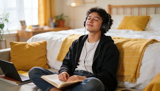 Teen listening to music and reading book in cozy bedroom with laptop, hoodie and warm yellow tones