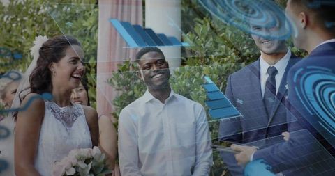Outdoor wedding ceremony with futuristic hud overlay, laughing bride and groom under arch