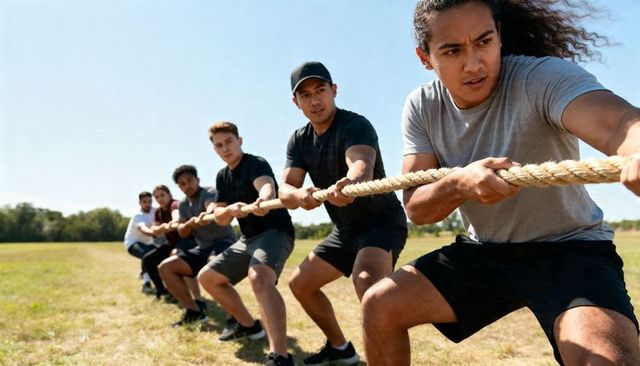 Team pulling heavy rope in outdoor tug-of-war competition showcasing teamwork and strength