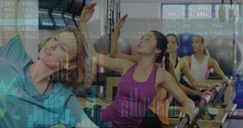 Reformer pilates group performing strength and core training with fitness data overlays