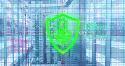 Cybersecurity concept with padlock over data servers