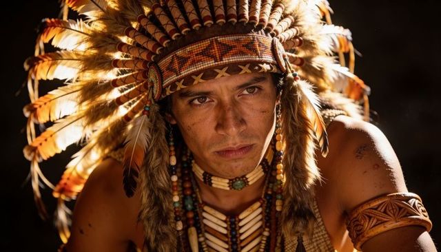Indigenous man wearing feathered warbonnet and layered beadwork, solemn ceremonial portrait
