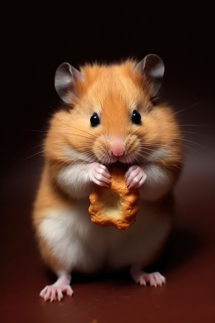 Close up of cute hamster holding food on black background, created using generative ai technology. Pet, animal and rodent concept digitally generated image.