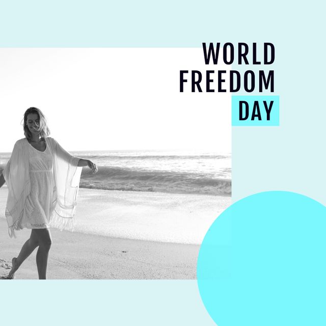 Image of freedom day over happy caucasian woman on beach in black and white. Freedom, holidays and vacation concept.