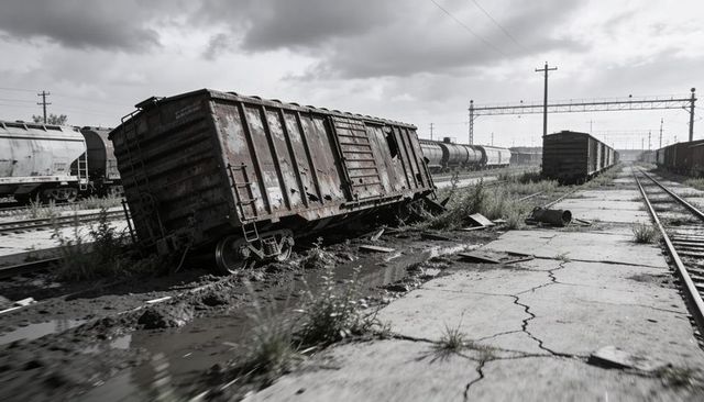Rusting derailed boxcar leaning in overgrown industrial rail yard under stormy sky