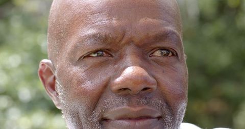 Senior man gazing in garden reflecting tranquility