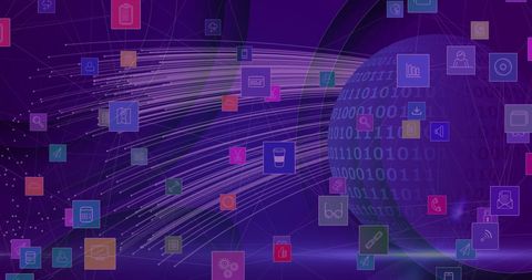 Global Technology Connections with Digital Icon Overlay on Purple Background - Download Free Stock Images Pikwizard.com