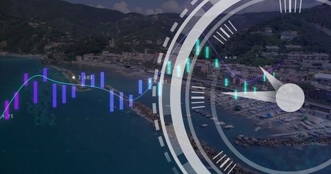 Global Financial Data Visualization Over Coastal Cityscape - Download Free Stock Images Pikwizard.com