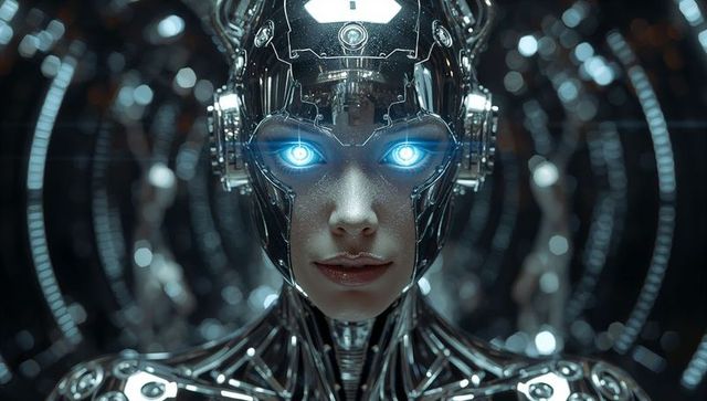 Female android powering on with chrome helmet and blue optical sensors, futuristic cyborg portrait