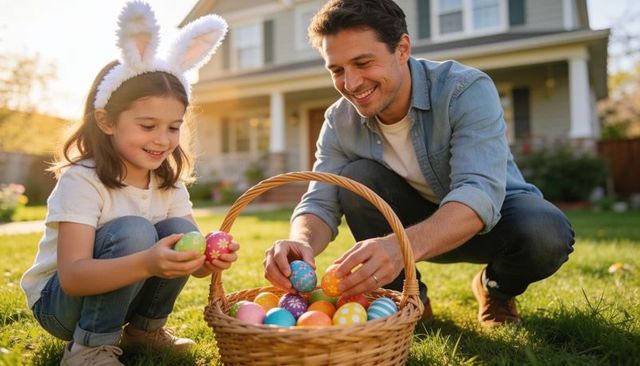 Father and daughter collecting colorful easter eggs on front lawn wearing bunny ears