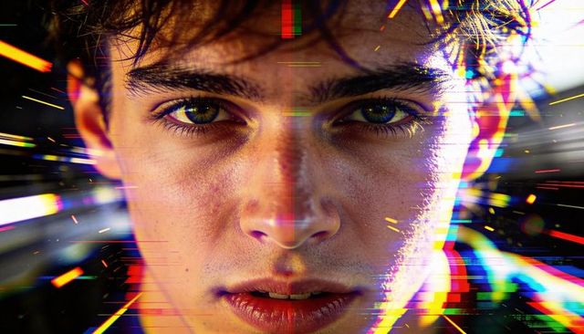 Closeup futuristic neon glitch portrait of focused young man with skin texture