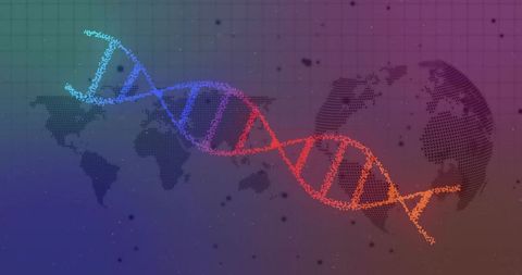 Colorful DNA Strand with Digital World Map in Futuristic Design