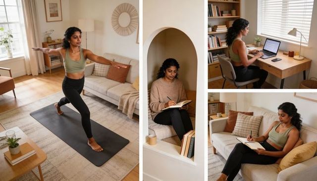 Indian woman practicing yoga, working remotely, journaling and reading in cozy home routine