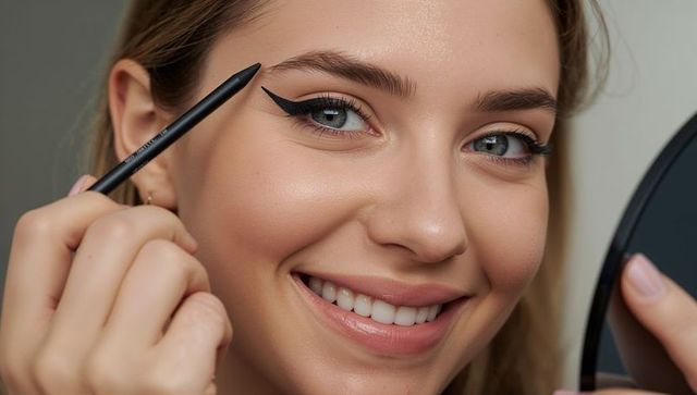 Smiling young woman applying dramatic winged eyeliner with pencil and mirror closeup