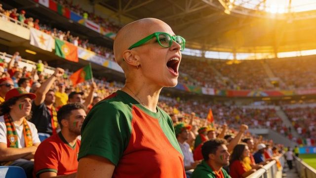 Bald female fan cheering passionately in red and green in sunlit soccer stadium crowd