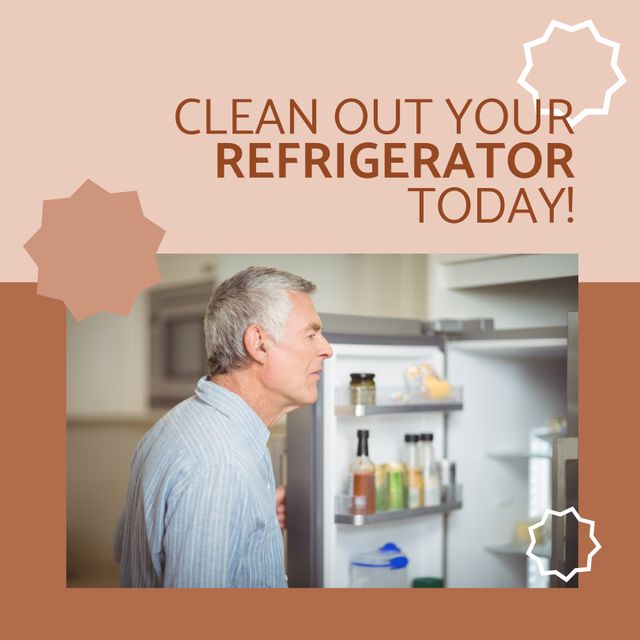 Image of clean out you refrigerator today over caucasian senior man looking into fridge. Household, cleaning and food concept.
