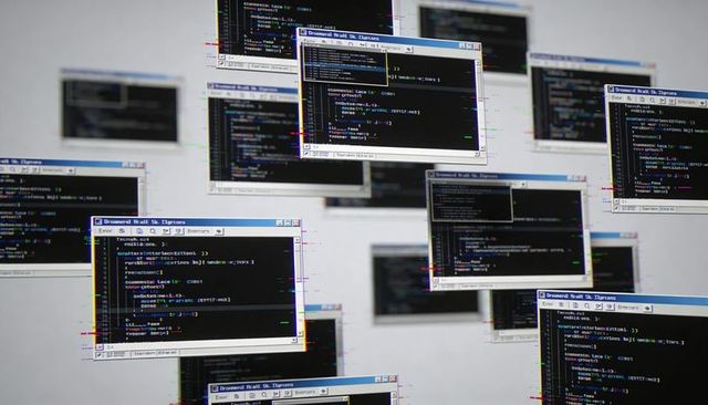 Glitchy Code Editor Collage with Dark Terminal Windows, Chromatic Distortion and Scanlines