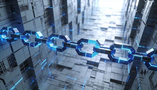 Floating Glowing Octagonal Blockchain Chain Connecting Futuristic Data Corridor
