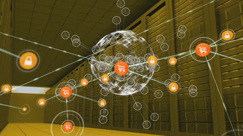 Digital Connectivity Globe Superimposed on Modern Server Room