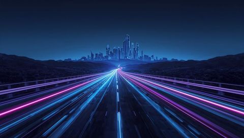 Neon Expressway Leading Toward Futuristic City Skyline with Cyan and Magenta Light Trails