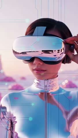 Woman adjusting VR headset in metallic suit at pastel sunset for futuristic immersion