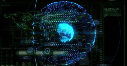 Displaying holographic globe pulsing with blue nodes on futuristic HUD data interface