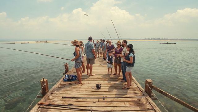 Group fishing on wooden pier at calm seaside, family and friends enjoying sunny summer day