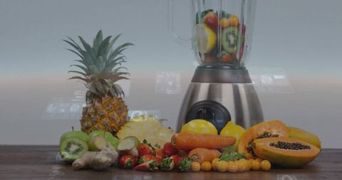 Smart blender with tropical fruit assortment and holographic ui overlays on dark wood counter