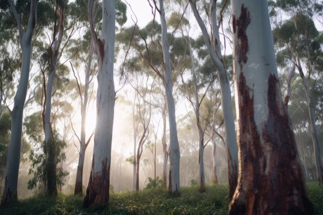 Sunlight filters through eucalyptus trees in a misty forest. The serene atmosphere evokes a sense of peace and the beauty of nature's early morning moments.