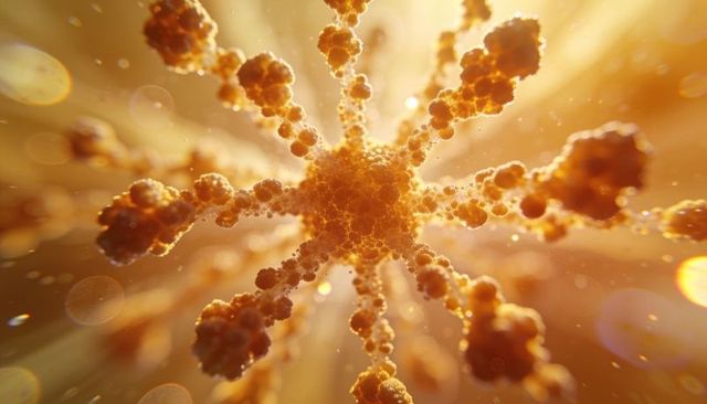 Glowing nanoparticle core radiating filament network with bokeh light and volumetric glow