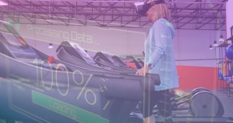 Woman Running on Treadmill with Digital Overlay of Data Processing
