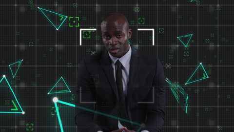 Businessman in Virtual Tech Interface with Data Visualization