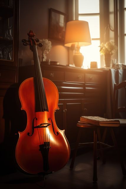 Beautiful violin standing in a cozy room, warmly lit by soft sunlight at sunset. Great for themes about music, nostalgia, vintage atmospheres, artistic moments, and peaceful settings.