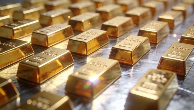 Gold bars gleaming on reflective tray in vault conveying wealth investment and luxury
