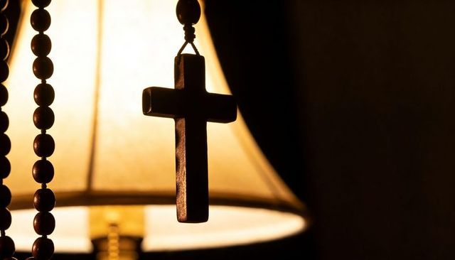 Wooden cross pendant silhouetted by warm lamp light with rosary beads and soft amber glow