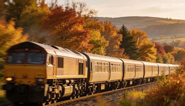 Diesel passenger train racing through autumn countryside at golden hour with motion blur