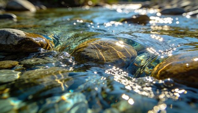 Sunlit Mountain Stream Flowing Over Smooth River Stones With Sparkling Water Ripples
