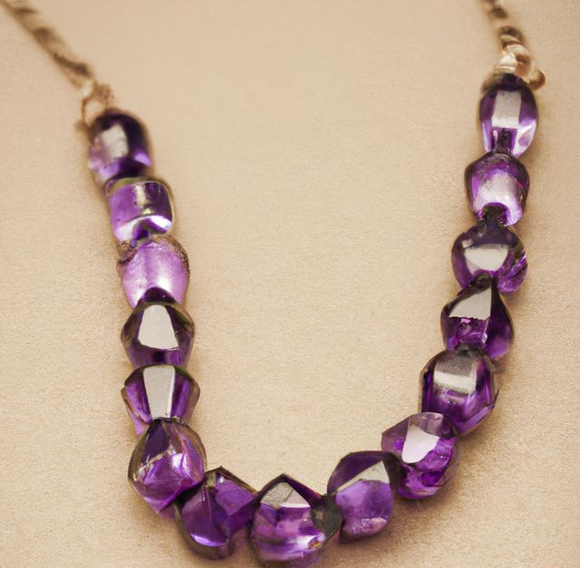 Image of close up of necklace with purple amethyst stones on beige background. Jewellery and precious stone concept.