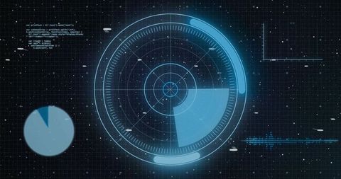 Futuristic radar HUD with sweeping blue sector holographic telemetry dashboard and grid